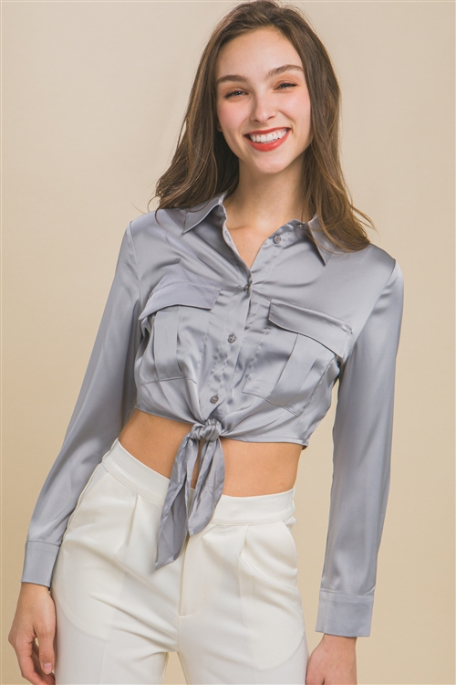 S39-1-1-LT-10243TH-GY - SATIN LONG SLEEVE BUTTON DOWN CROP TOP- GREY 2-2-2