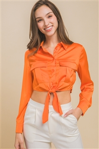 S39-1-1-LT-10243TH-OR - SATIN LONG SLEEVE BUTTON DOWN CROP TOP- ORANGE 2-2-2