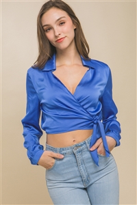 S39-1-1-LT-10244TH-BL - SATIN LONG SLEEVE CROP TOP WITH TIE DETAIL- BLUE 2-2-2