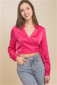 S39-1-1-LT-10244TH-FCH - SATIN LONG SLEEVE CROP TOP WITH TIE DETAIL- FUCHSIA 2-2-2
