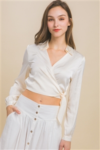 S39-1-1-LT-10244TH-IV - SATIN LONG SLEEVE CROP TOP WITH TIE DETAIL- IVORY 2-2-2