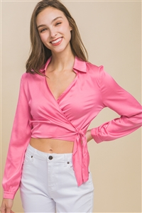 S39-1-1-LT-10244TH-PK - SATIN LONG SLEEVE CROP TOP WITH TIE DETAIL- PINK 2-2-2