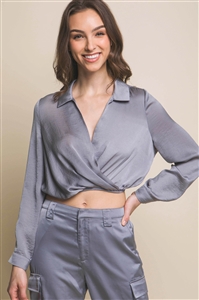 S39-1-1-LT-10247TH-GY - SATIN LONG SLEEVE CROPPED SHIRT- GREY 2-2-2