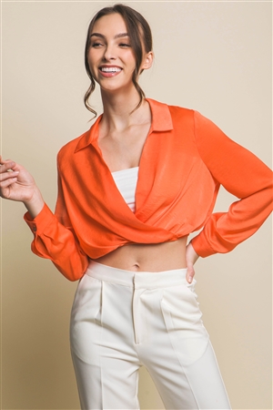 S39-1-1-LT-10247TH-OR - SATIN LONG SLEEVE CROPPED SHIRT- ORANGE 2-2-2