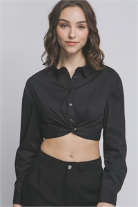 S39-1-1-LT-10248TN-BK - POPLIN LONG SLEEVE CROPPED BUTTON UP SHIRT- BLACK 2-2-2