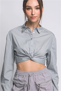 S39-1-1-LT-10248TN-GY - POPLIN LONG SLEEVE CROPPED BUTTON UP SHIRT- GREY 2-2-2