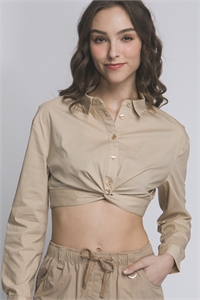 S39-1-1-LT-10248TN-KHK - POPLIN LONG SLEEVE CROPPED BUTTON UP SHIRT- KHAKI 2-2-2