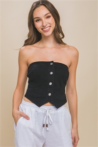 S39-1-1-LT-10251TH-BK - DENIM STRAPLESS BUTTON-UP CROP TOP- BLACK 2-2-2