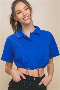 S39-1-1-LT-10257TN-AZR - CROPPED SHIRT TOP WITH ADJUSTABLE TOGGLES- AZURE 2-2-2
