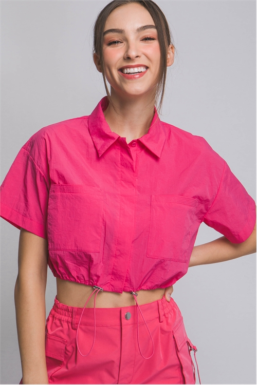 S39-1-1-LT-10257TN-FCH - CROPPED SHIRT TOP WITH ADJUSTABLE TOGGLES- FUCHSIA 2-2-2