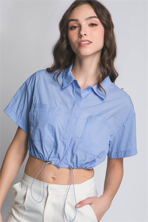 S39-1-1-LT-10257TN-LTBL - CROPPED SHIRT TOP WITH ADJUSTABLE TOGGLES- LT. BLUE 2-2-2