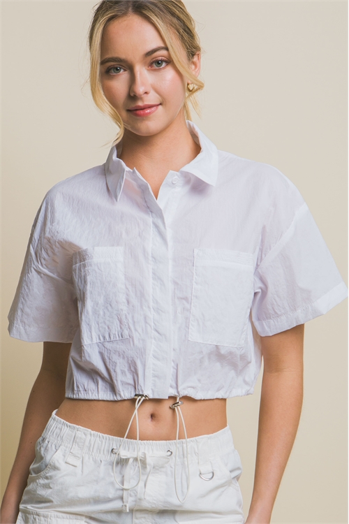 S39-1-1-LT-10257TN-WHT - CROPPED SHIRT TOP WITH ADJUSTABLE TOGGLES- WHITE 2-2-2