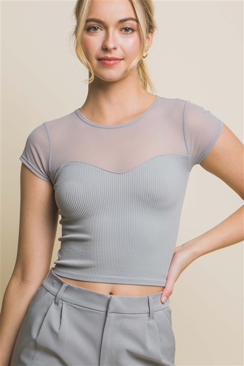 S39-1-1-LT-10259TN-GY - MESH CROP TOP WITH SHORT SLEEVE- GREY 2-2-2
