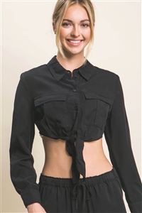 S39-1-1-LT-10262TH-BK - LONG SLEEVE CROPPED TOP WITH FRONT TIE DESIGN- BLACK 2-2-2