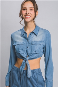 S39-1-1-LT-10262TH-BL - LONG SLEEVE CROPPED TOP WITH FRONT TIE DESIGN- BLUE 2-2-2