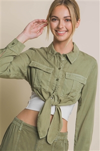 S39-1-1-LT-10262TH-LM - LONG SLEEVE CROPPED TOP WITH FRONT TIE DESIGN- LIME 2-2-2