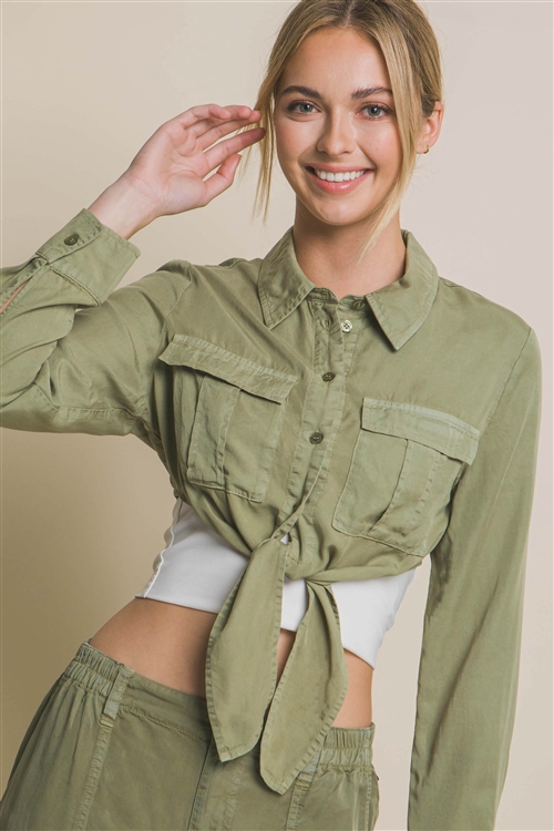 S39-1-1-LT-10262TH-LTOV - LONG SLEEVE CROPPED TOP WITH FRONT TIE DESIGN- LT. OLIVE 2-2-2