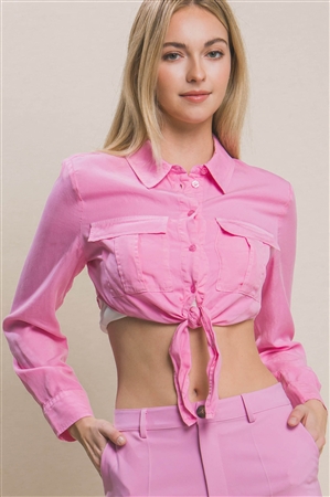 S39-1-1-LT-10262TH-PK - LONG SLEEVE CROPPED TOP WITH FRONT TIE DESIGN- PINK 2-2-2