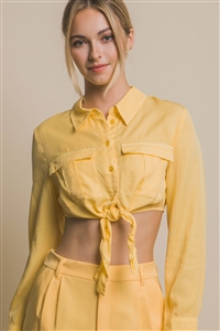S39-1-1-LT-10262TH-PNAPL - LONG SLEEVE CROPPED TOP WITH FRONT TIE DESIGN- PINEAPPLE 2-2-2