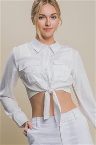 S39-1-1-LT-10262TH-WHT - LONG SLEEVE CROPPED TOP WITH FRONT TIE DESIGN- WHITE 2-2-2