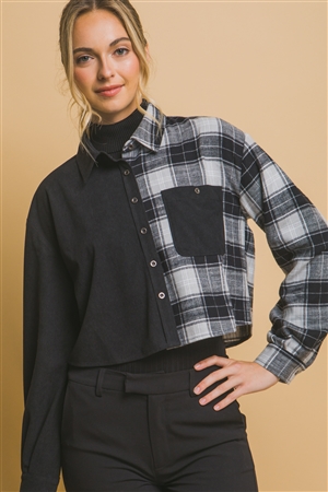 S39-1-1-LT-10281TH-BK - CROPPED PLAID SPLICED BUTTON DOWN SHIRT- BLACK 2-2-2