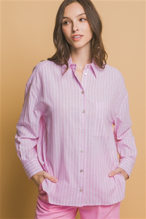 S39-1-1-LT-10326TN-LTPK - OVERSIZED STRIPE LONG SLEEVE LINEN SHIRT- LT. PINK 2-2-2