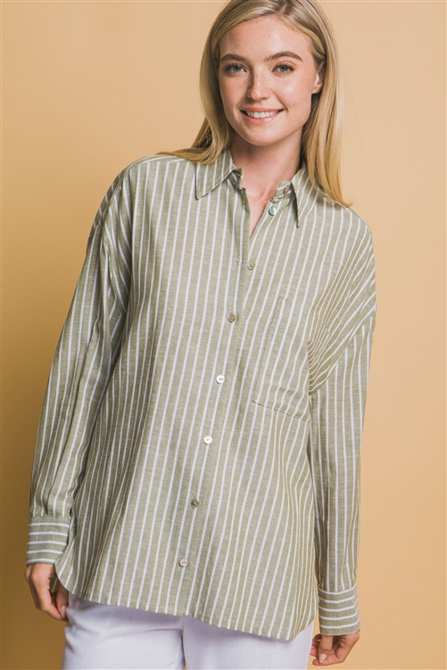 S39-1-1-LT-10326TN-OV - OVERSIZED STRIPE LONG SLEEVE LINEN SHIRT- OLIVE 2-2-2