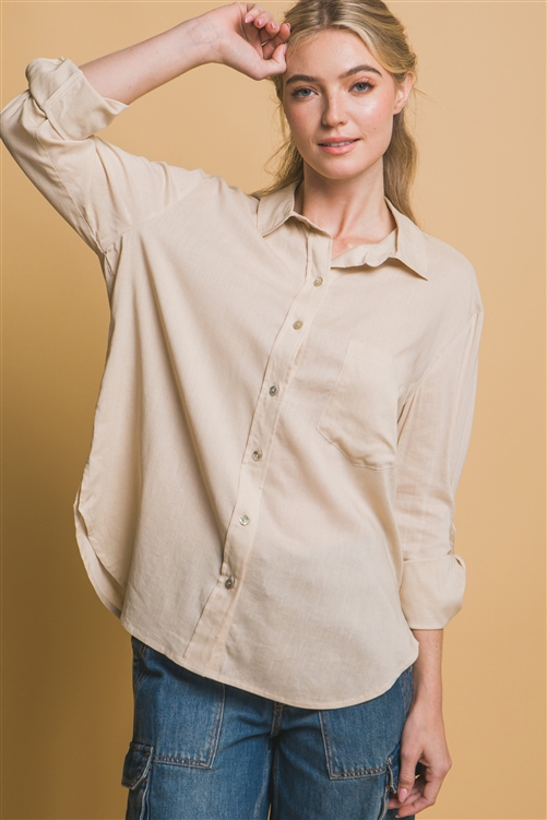 S39-1-1-LT-10329TM-KHK - LOOSE BUTTON-DOWN LINEN SHIRT- KHAKI 2-2-2