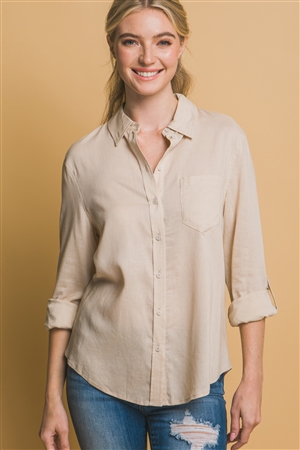 S39-1-1-LT-10330TM-KHK - ROLL-UP SLEEVE LINEN-BLEND SHIRT- KHAKI 2-2-2