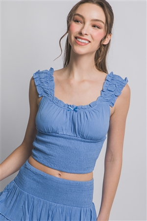 S39-1-1-LT-10351TS-BL - SMOCKED RUFFLED TANK TOP- BLUE 2-2-2