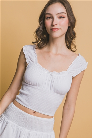 S39-1-1-LT-10351TS-WHT - SMOCKED RUFFLED TANK TOP- WHITE 2-2-2