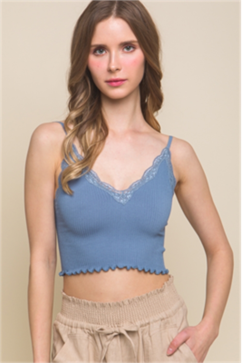S39-1-1-LT-1521TY-BL - SEAMLESS LACED DETAIL CAMISOLE- BLUE 2-2-2