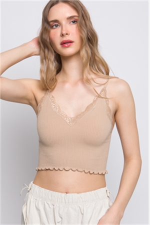 S39-1-1-LT-1521TY-KHK - SEAMLESS LACED DETAIL CAMISOLE- KHAKI 2-2-2