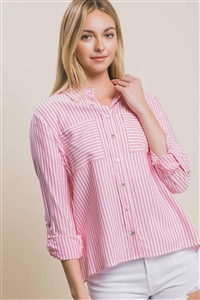 S39-1-1-LT-2078TK-CRLPK - STRIPED ROLL UP LONG SLEEVE BUTTON DOWN BLOUSE- CORAL PINK 2-2-2