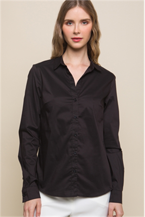 S39-1-1-LT-2507TM-BK - WOVEN SOLID LONG SLEEVE BUTTON DOWN BLOUSE- BLACK 2-2-2