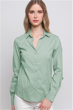 S39-1-1-LT-2507TM-OVSTN - WOVEN SOLID LONG SLEEVE BUTTON DOWN BLOUSE- OLIVE STONE 2-2-2