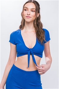 S39-1-1-LT-2558TN-RYLBL - RIBBED TIE-FRONT SCOOPED NECK CROP TOP- ROYAL BLUE 2-2-2