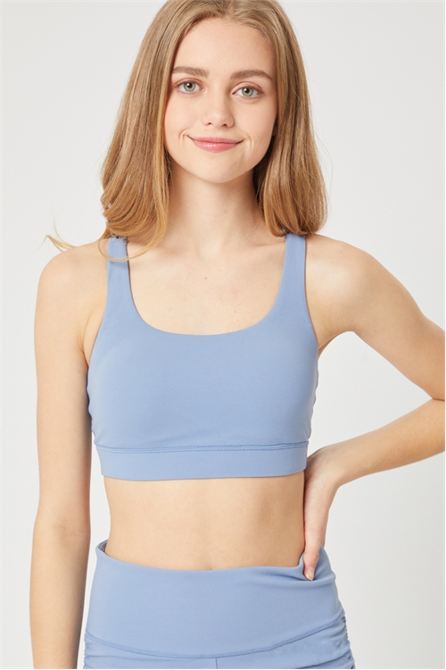 S39-1-1-LT-2972TH-BLSTN - ACTIVE SOLID DOUBLE STRAP CRISS CROSS BACK BRA- BLUE STONE 2-2-2