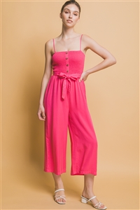 S39-1-1-LT-3487RM-FCH - WOVEN CAMI BUTTONED SMOCKED JUMPSUIT- FUCHSIA 2-2-2