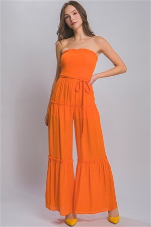 S39-1-1-LT-3698RY-MNG - WOVEN SLEEVELESS SMOCKED RUFFLE JUMPSUIT- MANGO 2-2-2