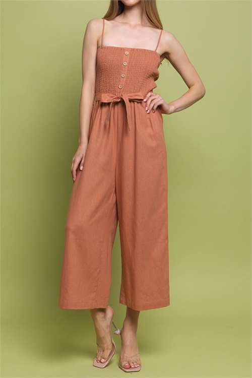 S39-1-1-LT-3709RM-CLY - WIDE CROP LEG SMOCKED TOP JUMPSUIT- CLAY 2-2-2