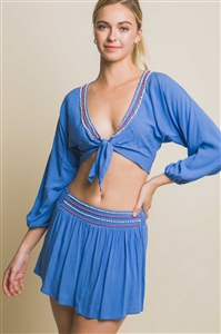 S39-1-1-LT-3726NSET-BL - LONG SLEEVE STRIPE TIED TOP AND SKIRT SET- BLUE 2-2-2