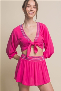 S39-1-1-LT-3726NSET-FCH - LONG SLEEVE STRIPE TIED TOP AND SKIRT SET- FUCHSIA 2-2-2