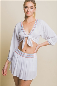 S39-1-1-LT-3726NSET-WHT - LONG SLEEVE STRIPE TIED TOP AND SKIRT SET- WHITE 2-2-2