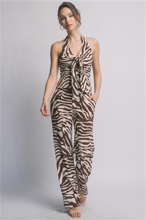 S39-1-1-LT-3783NSET-BWN - ZEBRA PRINT HALTER NECK SET- BROWN 2-2-2