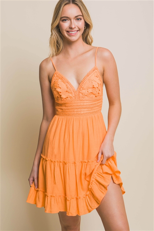 S39-1-1-LT-4487DY-TNGR - LACED PANELED TIE BACK DRESS- TANGERINE 2-2-2