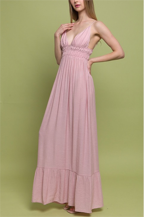 S39-1-1-LT-4742DY-PKSTN - WOVEN SOLID MAXI DRESS- PINK STONE 2-2-2