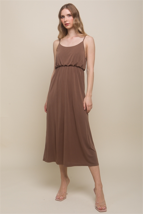 S39-1-1-LT-4834DM-COA - SOLID ADJUSTABLE STRAP TOP MAXI DRESS- COCOA 2-2-2(NOW $10.25 ONLY!)