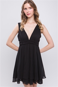 S39-1-1-LT-4851DH-BK - PLUNGING NECK SHIRRED WAIST SLEEVELESS DRESS- BLACK 2-2-2