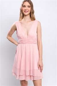 S39-1-1-LT-4851DH-BLS - PLUNGING NECK SHIRRED WAIST SLEEVELESS DRESS- BLUSH 2-2-2